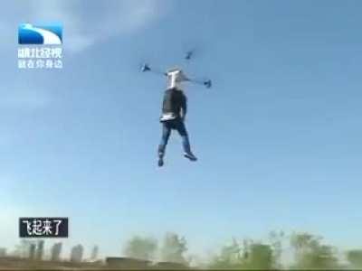 A farmer from China has created an interesting “drone backpack” that allows him to fly