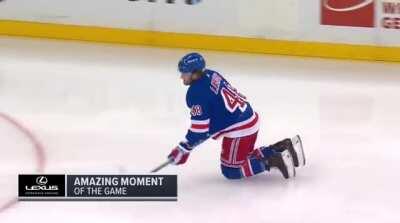 Brandon Lemieux takes a Subban shot off the leg, can't stand up, stumbles around the ice and then blocks another one!