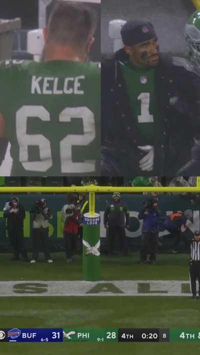 [Highlight] Jason Kelce & Jalen Hurts react to Jake Elliott's 59-yard field goal that sent the game to overtime 