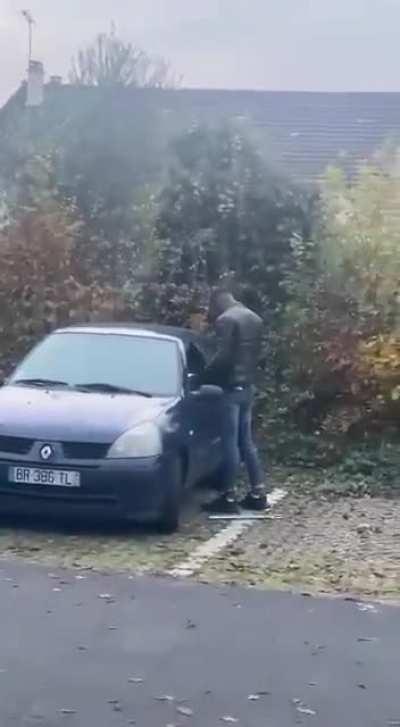 Guy tries to burn the car of the person filming to get revenge and gets a backlash from the gasoline vapor