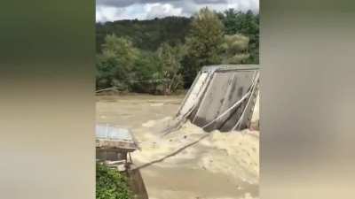 Buildings and bridges destroyed by flooding in Limone Piemonte, Italy