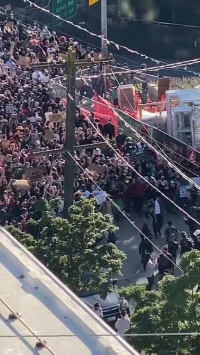 Protesters marching down Pine into Cap Hill yelling “out of your homes and into the street” largest crowd I’ve seen yet. Heading down y’all!