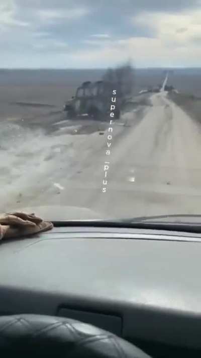 Russian soldiers hit by an Ukrainian kamikaze drone while driving on a road in Kursk Oblast. March 2025