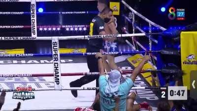 Crazy double elbow knockdown