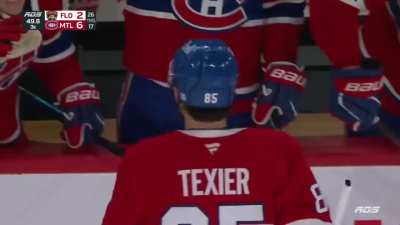 Veleno hustles to get the puck on the net, Alexandre Texier takes advantage of a few lucky bounces and bats it in with less than a minute to go in the third to complete his first NHL hat trick.