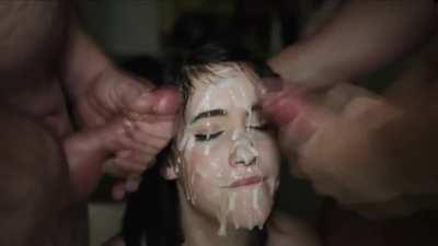 17 loads on my gangbang slut face! Are you cleaning me up or adding to it?