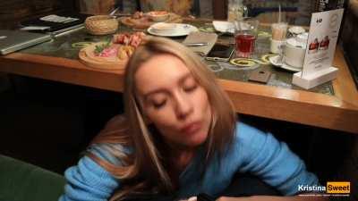 Kristina Sweet Swallowing Cum under The Table