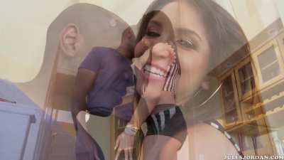 Tight body Giselle Leon excitedly grabbing Mandingo's bulge through his pants