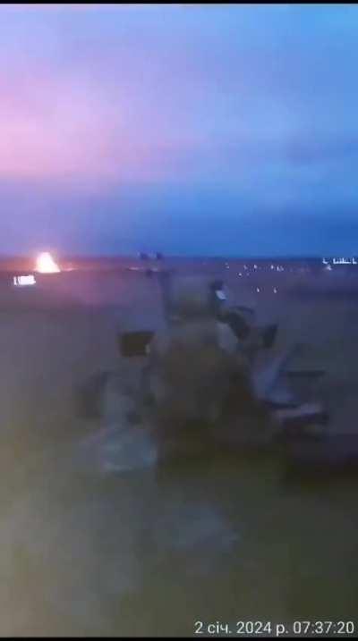 Ukrainian military personnel shoot down a Russian cruise missile from a ZU-23-2 anti-aircraft gun on January 2nd, 2024