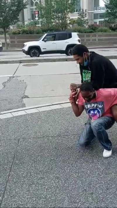 Knife fight outside of the Greyhound station yesterday evening. Was picking up someone from the station who happened to record the whole thing.