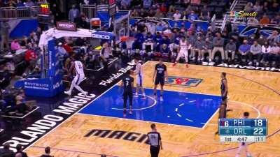 [Highlight] Embiid gets the ball at the 3 point line, drives and gets his defender in the air, forcing the and-one