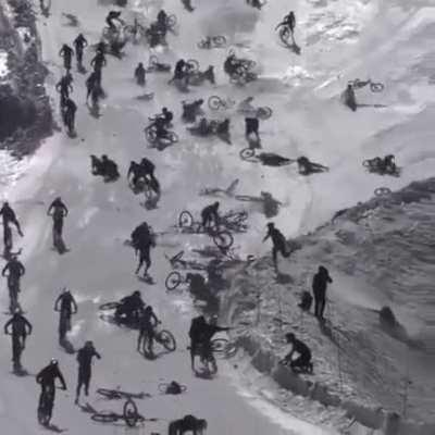 100 bikes ridin down de hill, goes how you'd expect it to go