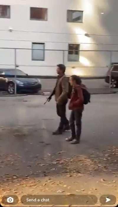 A friends view on set of the Last of us show. Clear view of Joel and Ellie
