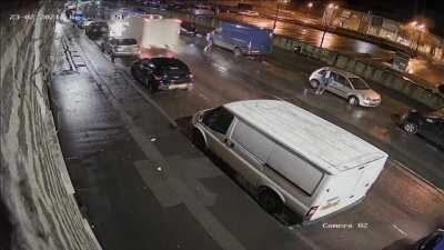 Idiot doesn't look both ways, gets KO'd by car.