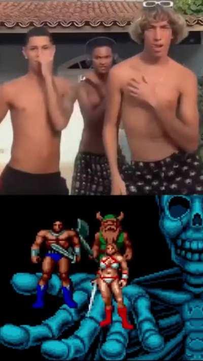 Golden Axe de play5, com todas as 3 classes do homem: hetero top, traveco e anão
