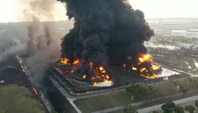 Drone view of Indonesia's largest oil refinery explosion in Indramayu last night