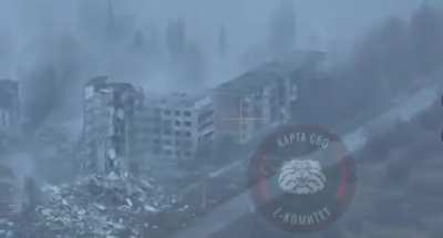 Shockwave after a Russian FAB-3000 strikes an apartment in Myrnograd