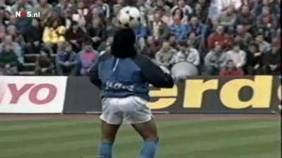 Diego Maradona's famous warm-up before Napoli's UEFA Cup semi-final against Bayern in 1989. 'Life is life' blasting. Shoelaces undone. Iconic.