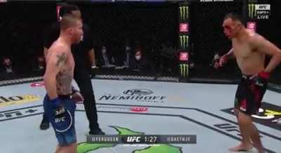 After a possibly life-changing beating sustained over the most of 5 rounds, a jab from Gaethje breaks 