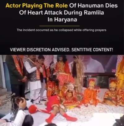 Harish Mehta, a retired Junior Engineer, playing Hanuman in a Ramlila in Haryana’s Bhiwani, died of a heart attack during the “Raj Tilak” event honoring Lord Ram