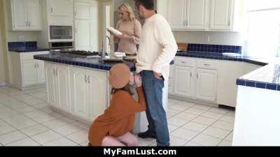 Melody Sucks Her Step dad’s Cock Behind the Island Counter!