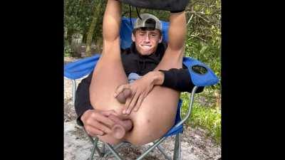 Jay's slack ass pussy has been fucked so much it gapes wide open with just a regular dildo. Admit it you'd plow him if you walked up on him in the camp grounds doing this.
