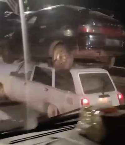 Car sandwich near the Russian city of Armavir.