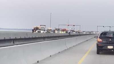 Car hanging from the Monitor–Merrimac Memorial Bridge–Tunnel in Virginia.