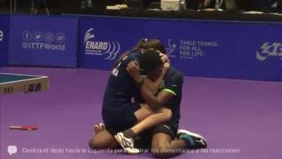 Emotional celebration (Daniela Fonseca and Jorge Campos from Cuba) after winning the mixed doubles qualification match for Tokyo 2020