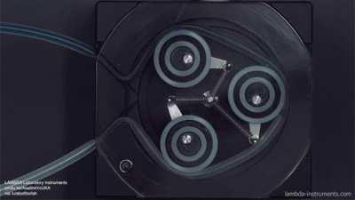 How a peristaltic pump works. It's used to pump clean/sterile or highly reactive fluids without contamination from exposed components, e.g. blood, chemicals, slurries, etc.