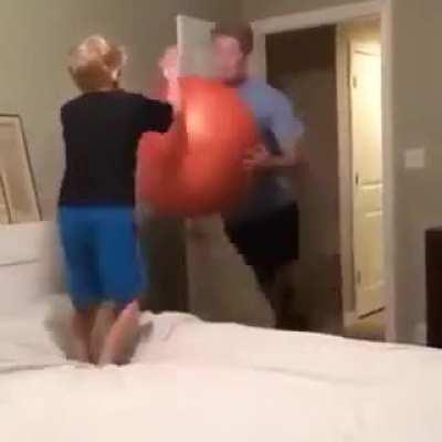 Launching your little brother with an exercise ball