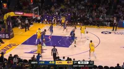 Warriors go into a zone. LeBron sees this and directs his team to positions. Initiates the offense by backing Curry down the middle, collapsing the zone. He then fires a rifle pass to D'Angelo for the three. Warriors go back to man-to-man defense and the 