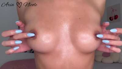 Massaging my perfect, tiny tits with oil until they lactate!
