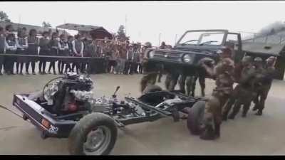Complete disassembling and reassembling of a Maruti Gypsy in 2 minutes .