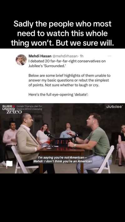 Verbal anklebreaker, Medhi Hasan, debates/disassembles 20 super far right conservatives on Jubilee's 