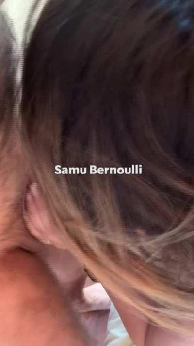 The perfect view of this sexy Asian hotwife eating it in while her husband watches from the side