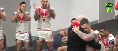 Cameron McInnes gifts his jersey to Paul McGregor