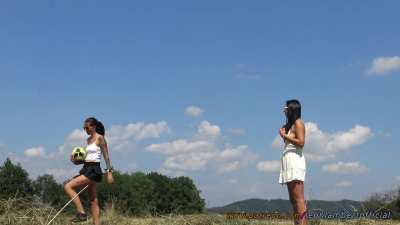 Braless and no panties girls play volleyball outdoors to show what is under their skirt with also downblouse and other kind of oops