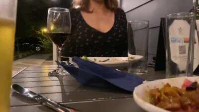 First time poster, I think we will all be great friends! I absolutely love being a naughty girl in public, I hear you're into that? Our waiter could have come around the corner at any time ;) What would he have said? [F] [GIF]