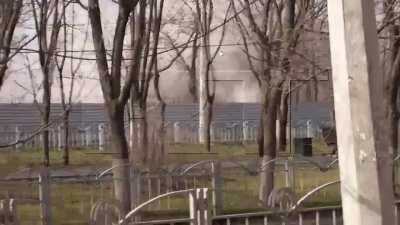 Russian military and DPR troops storm the base of the Azov national battalion in Mariupol, Ukraine.