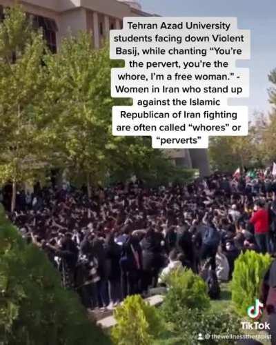 Iranian female students at Tehran Azad University facing brutal Basij chant “You’re the pervert, you’re the whore, I’m a free woman.” Women in Iran who are fighting for their rights are often called “whores” or “perverts”