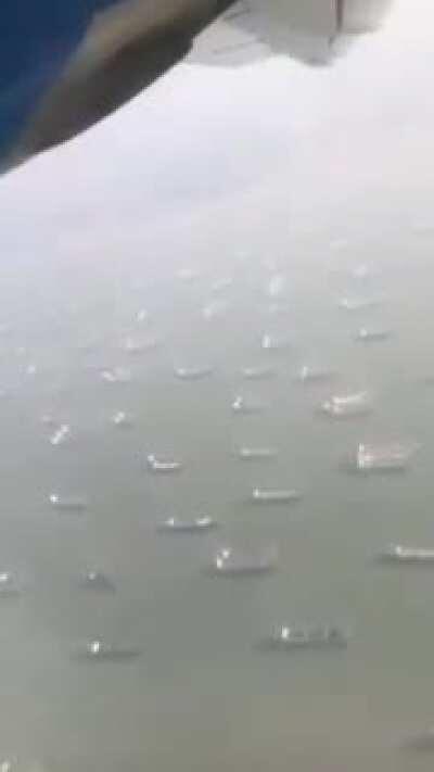 Ships waiting for the Suez Canal to open