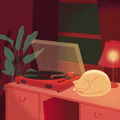 a cozy cat listening to vinyl [OC]