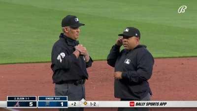 [Highlight] [Highlight] Matt Olson hits a fair ball that is called foul, Atlanta challenges, the call is overturned, runners, are placed at first and second, and Brian Snitker gets tossed from the game.