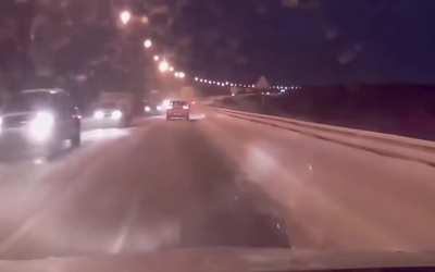 Russia: Car drifting into cammer after hitting a car