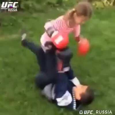 Cheap shot leads to take down & ground and pound in backyard match