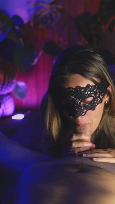 my eyes locked on you as I throat your cock and lick your balls all at the same time