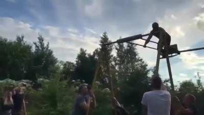 Man referees a fight between mass, grip, gravity and centrifugal force.