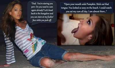 Jenna really wanted to go on her parent's Caribbean vacation. She proposed incentives to her Dad in order to tag along. One being that only during the trip, he can beat off and finish anywhere on her.