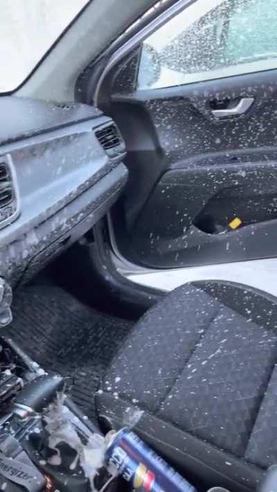 Aftermath of energy drink explosion in a car during the freezing temps